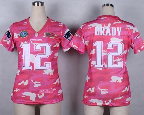 Patriots #12 Tom Brady Pink Women's Stitched Elite Camo Fashion Jersey