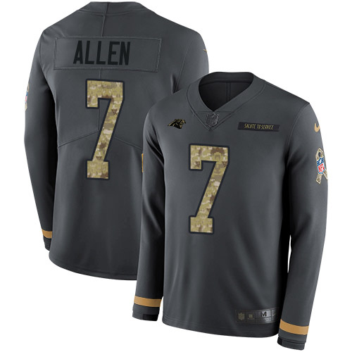Carolina Panthers #7 Kyle Allen Anthracite Salute to Service Youth Stitched Limited Therma Long Sleeve Jersey Youth
