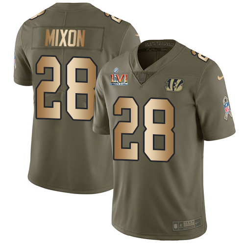 Bengals #28 Joe Mixon Olive/Gold Super Bowl LVI Patch Men's Stitched Limited 2017 Salute To Service Jersey