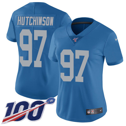 Lions #97 Aidan Hutchinson Blue Throwback Women's Stitched 100th Season Vapor Untouchable Limited Jersey