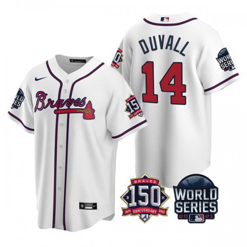 Atlanta Atlanta Braves #14 Adam Duvall Men's 150th Anniversary 2021 World Series Game Jersey - White Men's