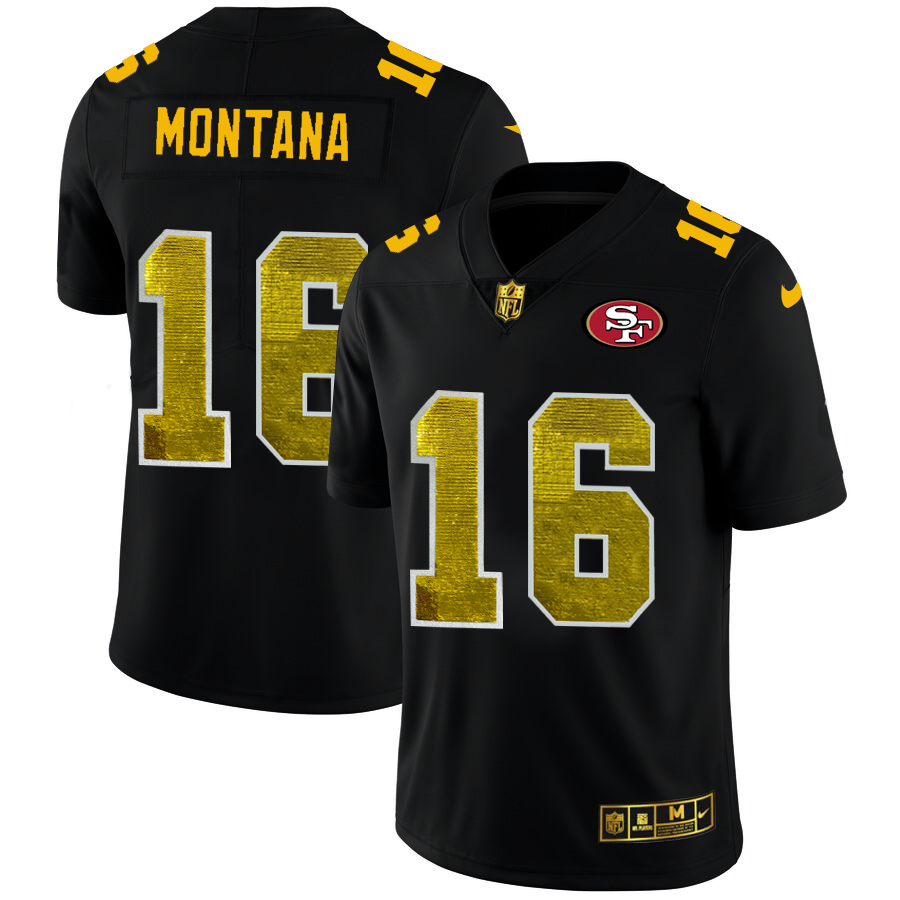 San Francisco 49ers #16 Joe Montana Men's Black Golden Sequin Vapor Limited Jersey