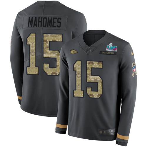 Chiefs #15 Patrick Mahomes Anthracite Super Bowl LVII Patch Salute To Service Youth Stitched Limited Therma Long Sleeve Jersey