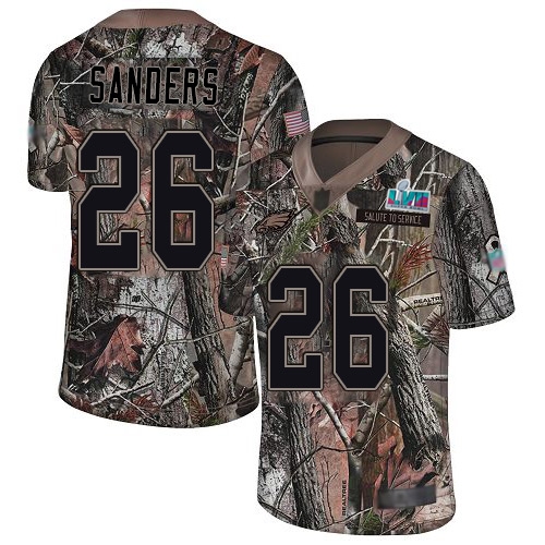 Eagles #26 Miles Sanders Camo Super Bowl LVII Patch Men's Stitched Limited Rush Realtree Jersey
