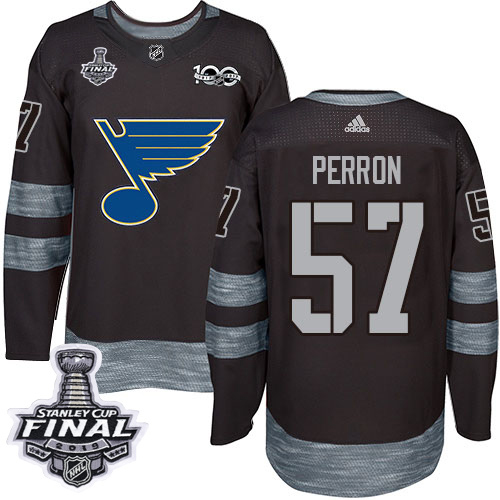 Adidas St. Louis Blues #57 David Perron Black 1917-2017 100th Anniversary 2019 Stanley Cup Final Stitched Jersey Men's