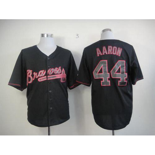 Atlanta Braves #44 Hank Aaron Black Fashion Stitched Jersey Men's