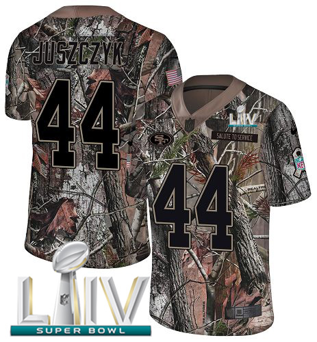 49ers #44 Kyle Juszczyk Camo Super Bowl LIV 2020 Youth Stitched Limited Rush Realtree Jersey