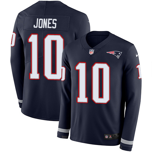 Patriots #10 Mac Jones Navy Blue Team Color Youth Stitched Limited Therma Long Sleeve Jersey