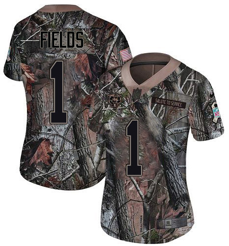 Bears #1 Justin Fields Camo Women's Stitched Limited Rush Realtree Jersey