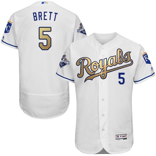 Kansas City Royals #5 George Brett White 2015 World Series Champions Gold Program FlexBase Authentic Stitched Jersey Men's