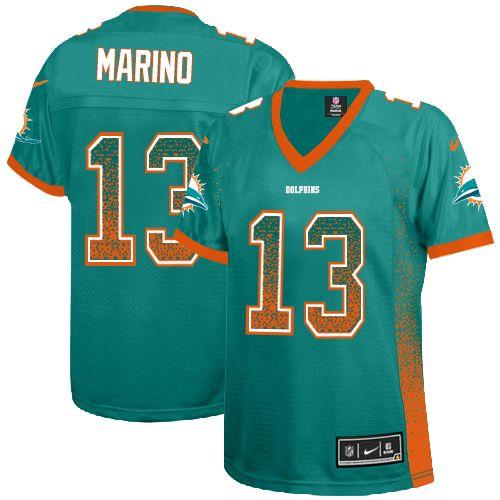 Dolphins #13 Dan Marino Aqua Green Team Color Women's Stitched Elite Drift Fashion Jersey