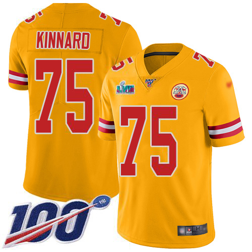 Chiefs #75 Darian Kinnard Gold Super Bowl LVII Patch Youth Stitched Limited Inverted Legend 100th Season Jersey