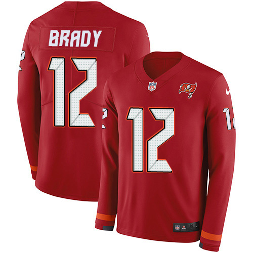 Buccaneers #12 Tom Brady Red Team Color Youth Stitched Limited Therma Long Sleeve Jersey