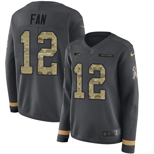 Seahawks #12 Fan Anthracite Salute To Service Women's Stitched Limited Therma Long Sleeve Jersey