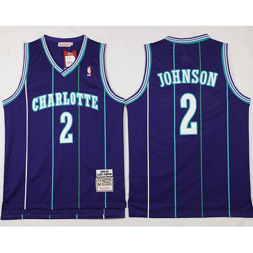 Mitchell And Ness Charlotte Hornets #2 Larry Johnson Purple Throwback Stitched Jersey Mens