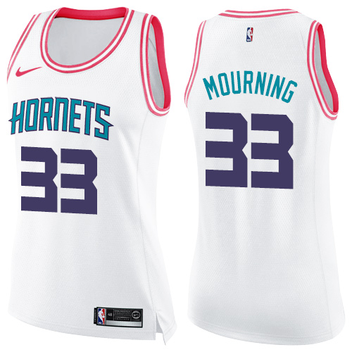 Charlotte Hornets #33 Alonzo Mourning White/Pink Womens Swingman Fashion Jersey Womens