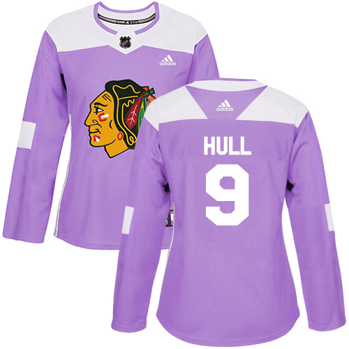Adidas Chicago Blackhawks #9 Bobby Hull Purple Authentic Fights Cancer Women's Stitched Jersey Womens