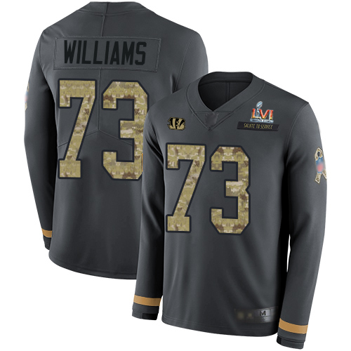 Cincinnati Bengals #73 Jonah Williams Anthracite Super Bowl LVI Patch Salute to Service Men's Stitched Limited Therma Long Sleeve Jersey Men's