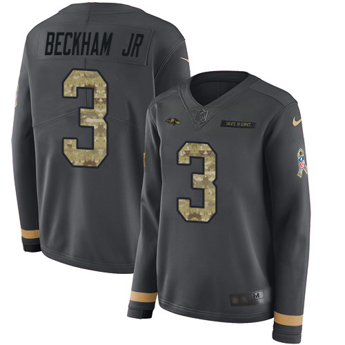 Ravens #3 Odell Beckham Jr. Anthracite Salute To Service Women's Stitched Limited Therma Long Sleeve Jersey