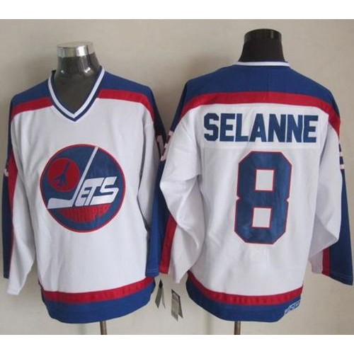Winnipeg Jets #8 Teemu Selanne White/Blue CCM Throwback Stitched Jersey Men's