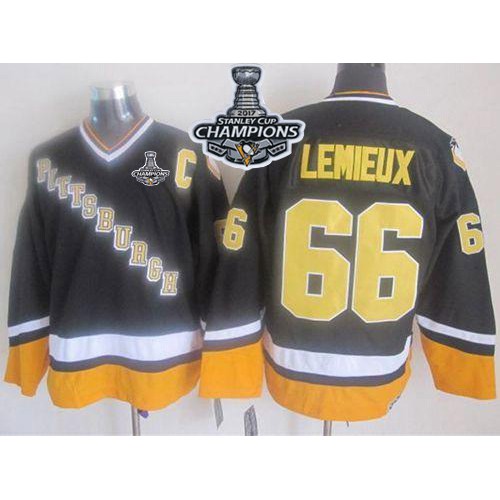 Pittsburgh Penguins #66 Mario Lemieux Black/Yellow CCM Throwback 2017 Stanley Cup Finals Champions Stitched Jersey Men's