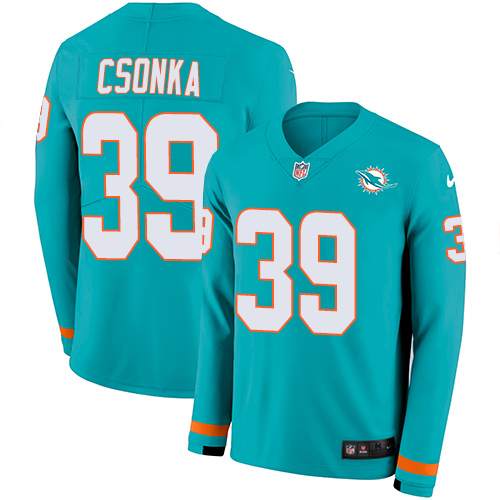 Miami Dolphins #39 Larry Csonka Aqua Green Team Color Men's Stitched Limited Therma Long Sleeve Jersey Men's