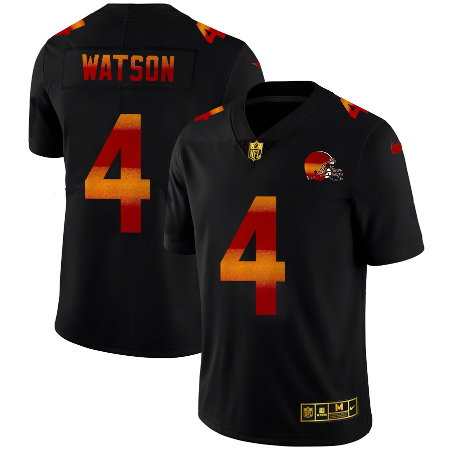 Cleveland Browns #4 Deshaun Watson Men's Black Red Orange Stripe Vapor Limited Jersey