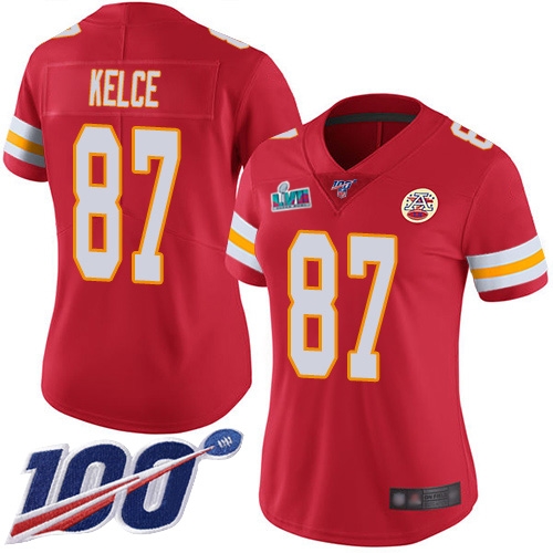 Chiefs #87 Travis Kelce Red Team Color Super Bowl LVII Patch Women's Stitched 100th Season Vapor Limited Jersey