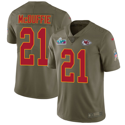 Chiefs #21 Trent McDuffie Olive Super Bowl LVII Patch Men's Stitched Limited 2017 Salute To Service Jersey