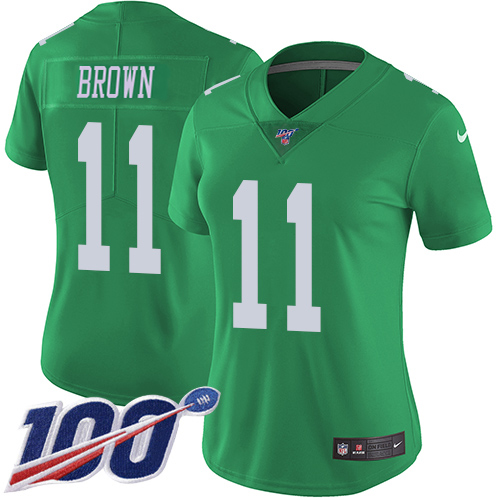 Eagles #11 A.J. Brown Green Women's Stitched Limited Rush 100th Season Jersey