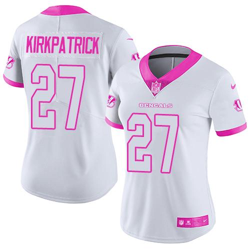 Cincinnati Bengals #27 Dre Kirkpatrick White/Pink Women's Stitched Limited Rush Fashion Jersey Womens