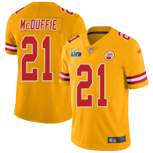 Chiefs #21 Trent McDuffie Gold Super Bowl LVII Patch Men's Stitched Limited Inverted Legend Jersey