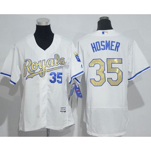Kansas City Royals #35 Eric Hosmer White Flexbase Authentic 2015 World Series Champions Gold Program Cool Base Women's Stitched Jersey Womens