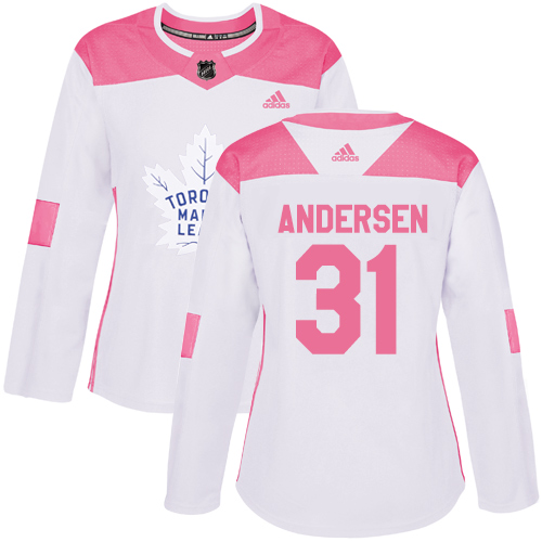 Adidas Maple Toronto Maple Leafs #31 Frederik Andersen White/Pink Authentic Fashion Women's Stitched Jersey Womens