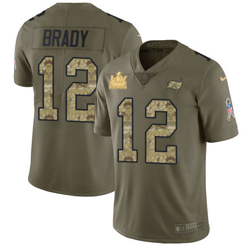 Buccaneers #12 Tom Brady Olive/Camo Men's Super Bowl LV Champions Patch Stitched Limited 2017 Salute To Service Jersey