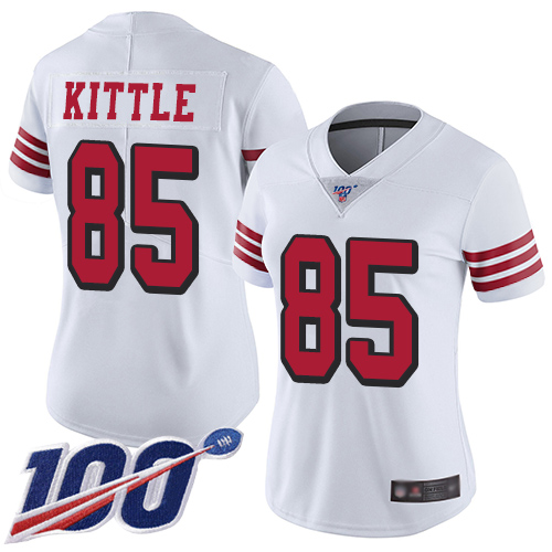 49ers #85 George Kittle White Rush Women's Stitched Limited 100th Season Jersey