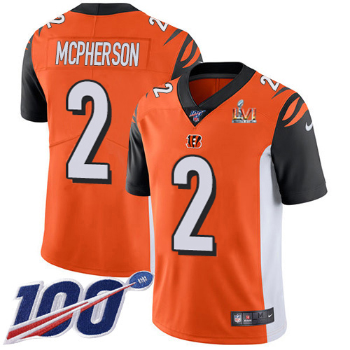 Bengals #2 Evan McPherson Orange Super Bowl LVI Patch Alternate Men's Stitched 100th Season Vapor Limited Jersey