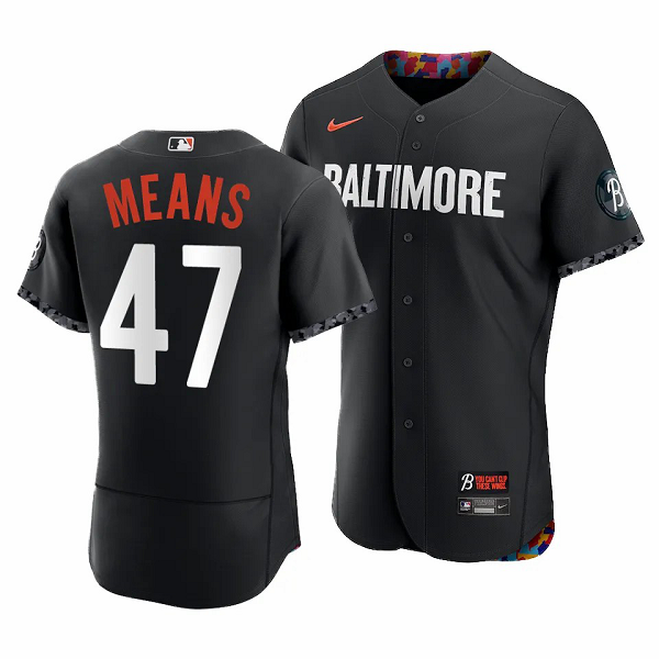 Men's Baltimore Orioles #47 John Means 2023 City Connect Black Flex Base Jersey