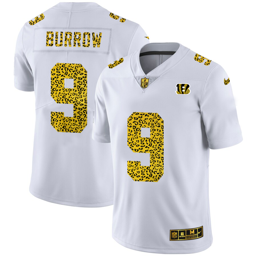 Cincinnati Bengals #9 Joe Burrow Men's Flocked Leopard Print Vapor Limited Jersey White