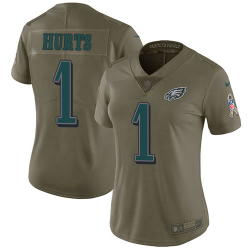 Eagles #1 Jalen Hurts Olive Women's Stitched Limited 2017 Salute To Service Jersey