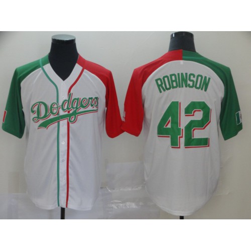 Los Angeles Dodgers #42 Jackie Robinson White Red/Green Split Cool Base Stitched Jersey Men's