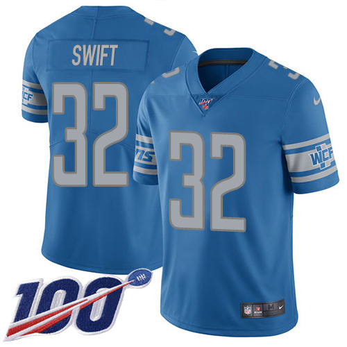 Detroit Lions #32 D'Andre Swift Blue Team Color Men's Stitched 100th Season Vapor Untouchable Limited Jersey Men's