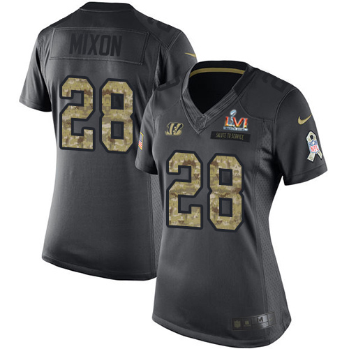 Bengals #28 Joe Mixon Black Super Bowl LVI Patch Women's Stitched Limited 2016 Salute To Service Jersey