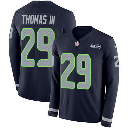 Seattle Seahawks #29 Earl Thomas III Steel Blue Team Color Men's Stitched Limited Therma Long Sleeve Jersey Men's