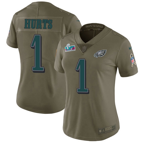 Eagles #1 Jalen Hurts Olive Super Bowl LVII Patch Women's Stitched Limited 2017 Salute To Service Jersey