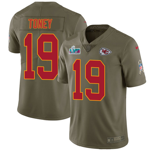 Chiefs #19 Kadarius Toney Olive Super Bowl LVII Patch Men's Stitched Limited 2017 Salute To Service Jersey