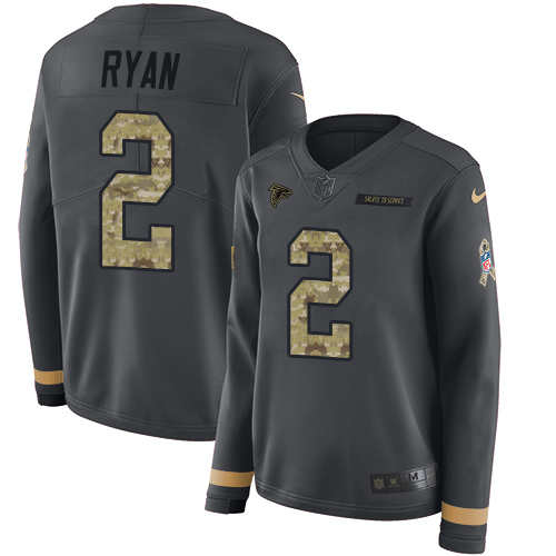 Atlanta Falcons #2 Matt Ryan Anthracite Salute to Service Women's Stitched Limited Therma Long Sleeve Jersey Womens