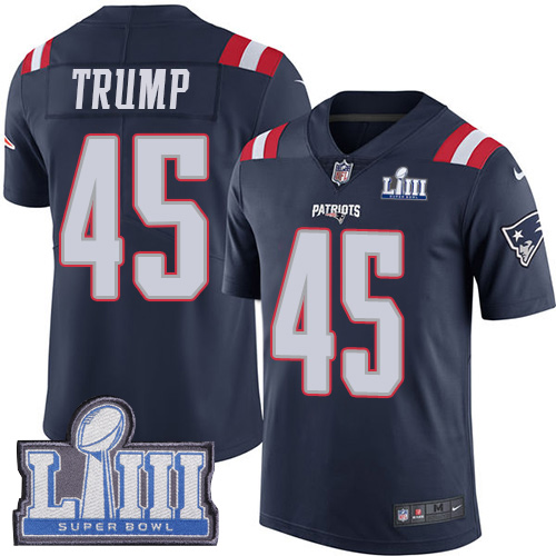New England Patriots #45 Donald Trump Navy Blue Super Bowl LIII Bound Men's Stitched Limited Rush Jersey Men's