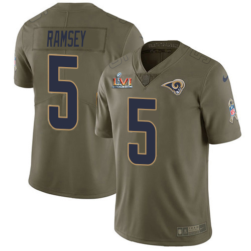 Rams #5 Jalen Ramsey Olive Super Bowl LVI Patch Youth Stitched Limited 2017 Salute To Service Jersey