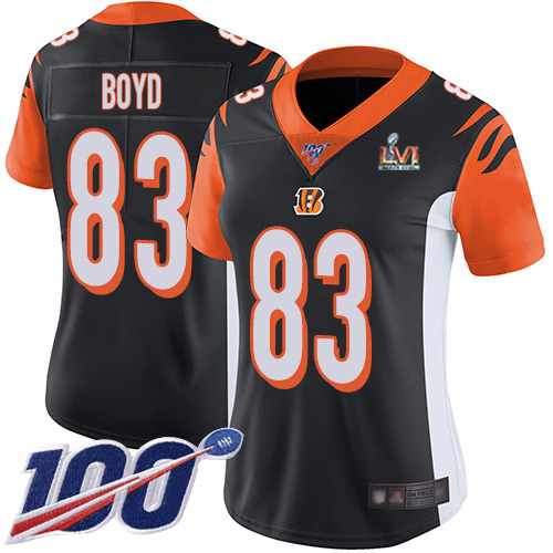 Bengals #83 Tyler Boyd Black Team Color Super Bowl LVI Patch Women's Stitched 100th Season Vapor Untouchable Limited Jersey